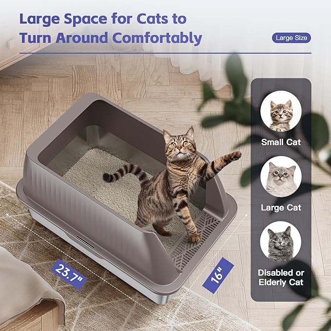 14" XL Stainless Steel Litter Box for Cats, Enclosed Metal Litter Box with Lid, Extra Large Kitty Litter Box with High Sides for High Peeing Cat, Easy to Clean, Non-Sticky, Including Scoop
