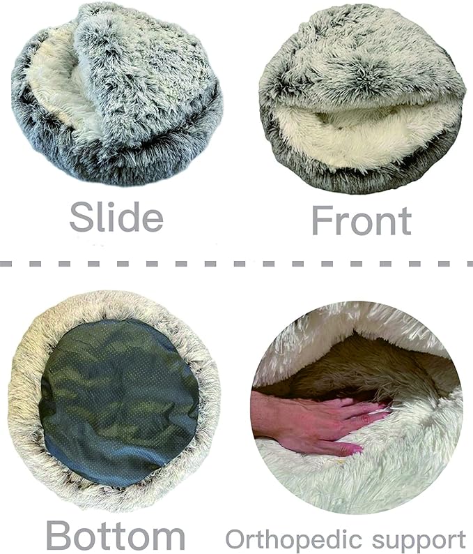 ShinHye Cat Bed Round Plush Fluffy Hooded Cat Bed Cave, Cozy for Indoor Cats or Small Dog beds, Soothing Pet Beds Doughnut Calm Anti-nxiety Dog Bed - Waterproof Bottom Washable (20×20inch, Grey)