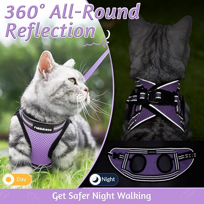 rabbitgoo Cat Harness and Leash Set for Walking Escape Proof, Adjustable Soft Kittens Vest with Reflective Strip for Cats, Comfortable Outdoor Vest, Light Purple, S