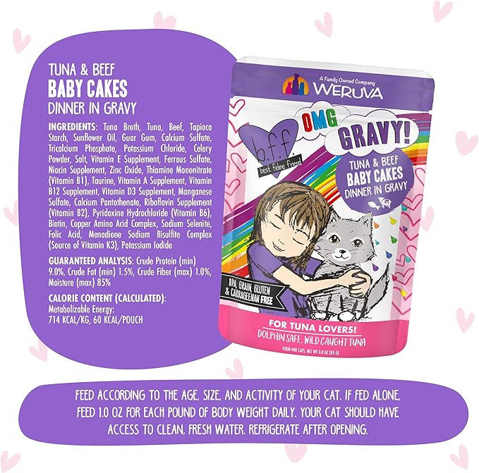 Weruva B.F.OMG - Best Feline Friend Oh My Gravy!, Tuna & Beef Baby Cakes with Tuna & Beef in Gravy Cat Food, 3oz Pouch (Pack of 12), Purple (0152)