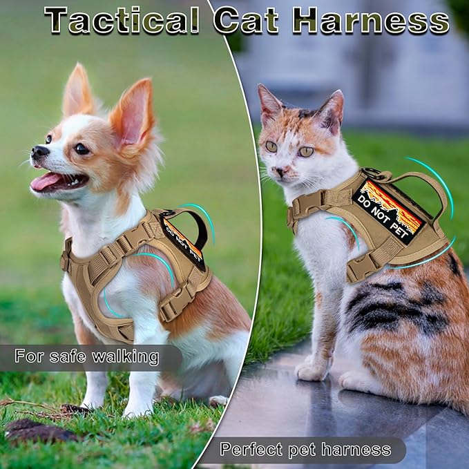 Tactical Cat Harness for Walking, Adjustable Escape Proof Pet Vest for Large Cat,Easy Control Breathable Cat Vest with Handle,Molle Patches (Khaki, L)