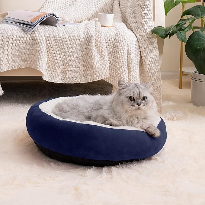 Love's cabin Round Donut Cat and Dog Cushion Bed, 20in Pet Bed for Cats or Small Dogs, Anti-Slip & Water-Resistant Bottom, Super Soft Durable Fabric Pet beds, Washable Luxury Cat & Dog Bed Navy Blue