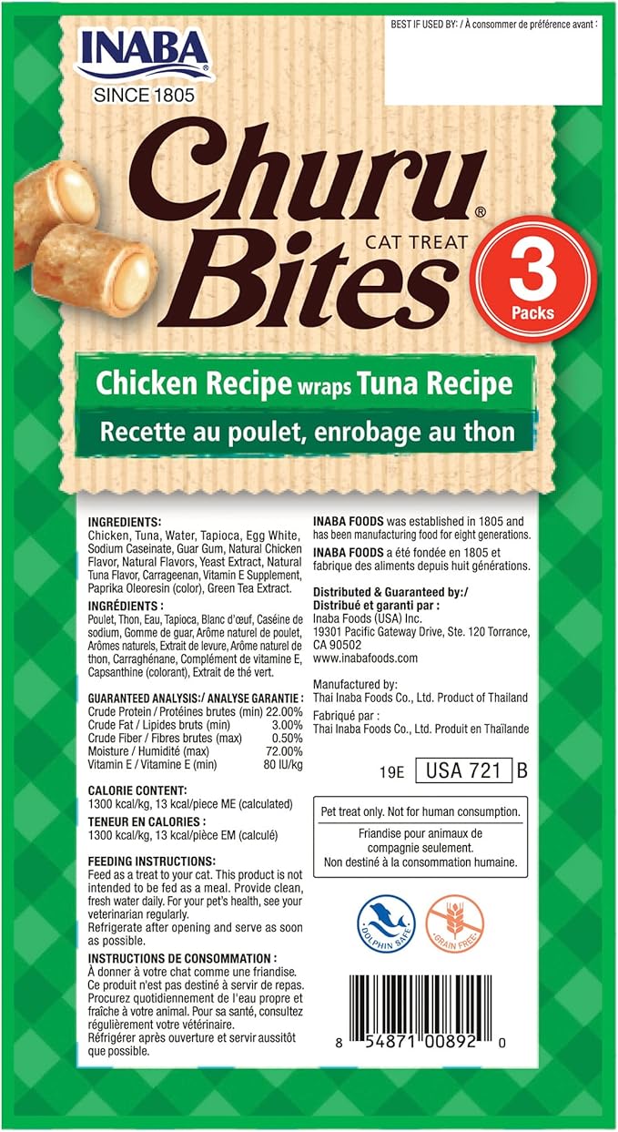 INABA Churu Bites for Cats, Soft Baked Chicken Churu Filled Cat Treats with Green Tea Extract, 0.35 Ounces Each Tube, 9 Tubes Total, Tuna Recipe
