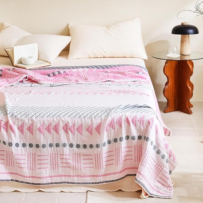 MEJU Pink Boho Geometric Morden Southwest Muslin All Season Blanket for Bed Sofa Couch 100% Combed Cotton 3 Layer Soft Cozy Quilt Throw Blanket Bed Coverlet Sheet Full Queen 80 in x 90 in