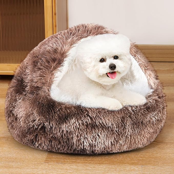 NOYAL Dog Bed Round Hooded Plush Cat Cave Donut Anti Anxiety Fluffy Dog Bed for Small Medium Dog and Cat