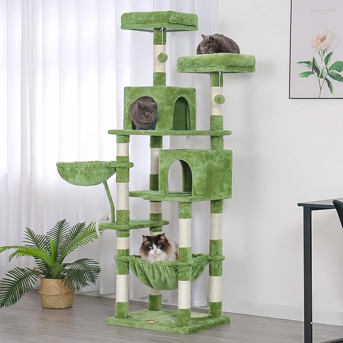 Heybly Cat Tree, 70 inches Tall Cat Tower condo with Toy for Indoor Large Cats, Cat House Furniture with Padded Plush Perch,Cozy Hammock and Sisal Scratching Posts,Green HCT032GR