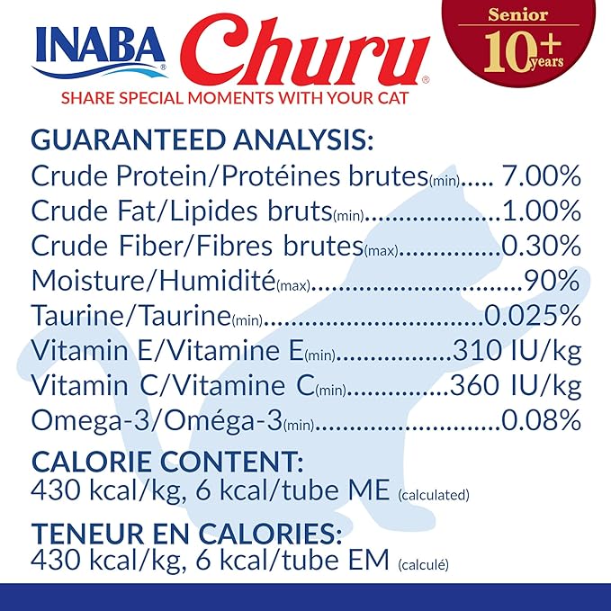 INABA Churu for Senior 10+, Creamy Lickable Cat Treats with Taurine, Vitamin E & C, 0.5 Ounces Each, 24 Tubes (4 per Pack), Chicken Recipe