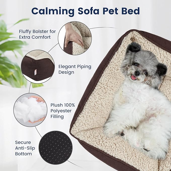Miguel Washable Dog Bed with Removable Cushion for Small Dogs, Easy to Wash Pet Sofa Bed with Side, Rectangle Bolster Cat Bed Calming Cuddle Puppy Bed with Anti-Slip Bottom, Dark Brown 18 Inch