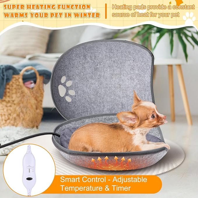 18.1 Inch Heated Cat Bed, Indoor Heated Cat Cave, Heated Cat Pad Cat Bed Warmer Thermal Pet Bed with Removable Waterproof Heater for Kitty Small Dogs Gray