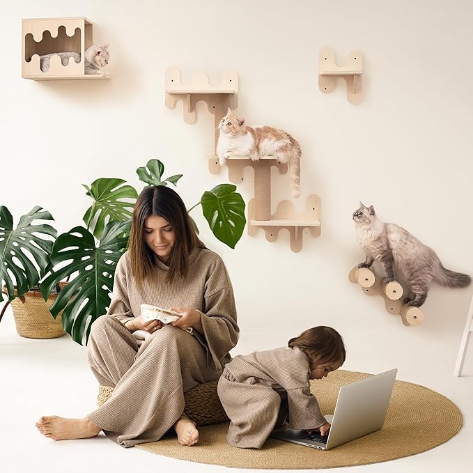 Mewoo Cat Wall Shelves, Wooden Cat Wall Furniture, Stable Cat Wall Steps, Cat House and Cat Perch for Wall Mounted, Cat Climbing Shelves Cat Ladder for Most Kittens & Adult Cats, Set of 4, Beige