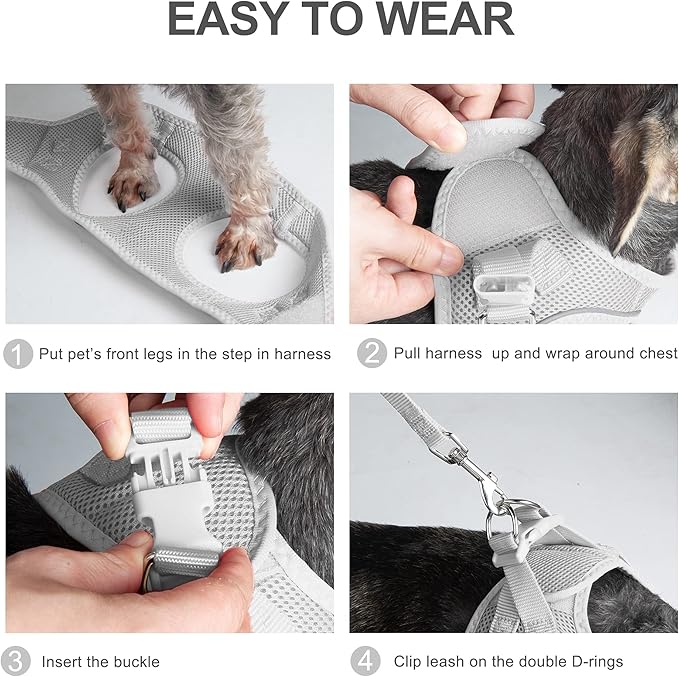 PetiFine Step in Small Dog Harness and Leash Set, Breathable All Weather Air Mesh Reflective Escape Proof, Step-in Vest Harnesses for Puppy(XS, Grey)