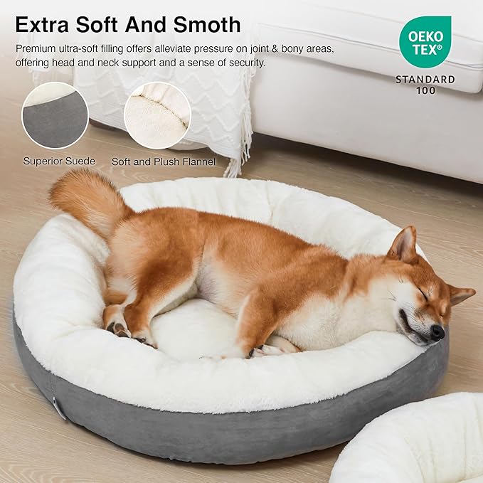 Love's cabin Round Donut Cat and Dog Cushion Bed, 30in Pet Bed for Medium or Large Dogs, Anti-Slip & Water-Resistant Bottom, Soft Durable Fabric Pet beds, Washable Calming Cat & Dog Bed Grey