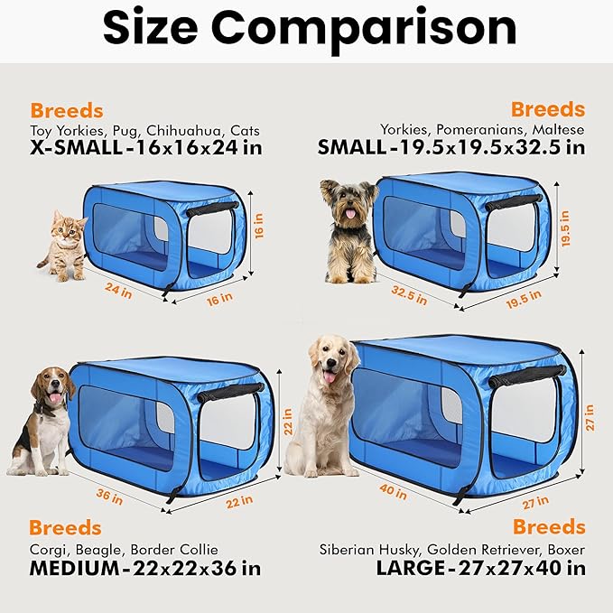 Beatrice Home Fashions Portable, Collapsible, Pop Up Kennel Travel Cat and Dog Crate, 24" L x 16.6" W x 16" H, Blue