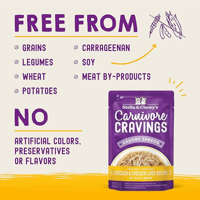 Stella & Chewy’s Carnivore Cravings Savory Shreds Wet Cat Food Pouches – Grain Free, Protein Rich Meal, Topper or Treat – Chicken & Chicken Liver Recipe (2.8 Ounce Pouches, Case of 12)