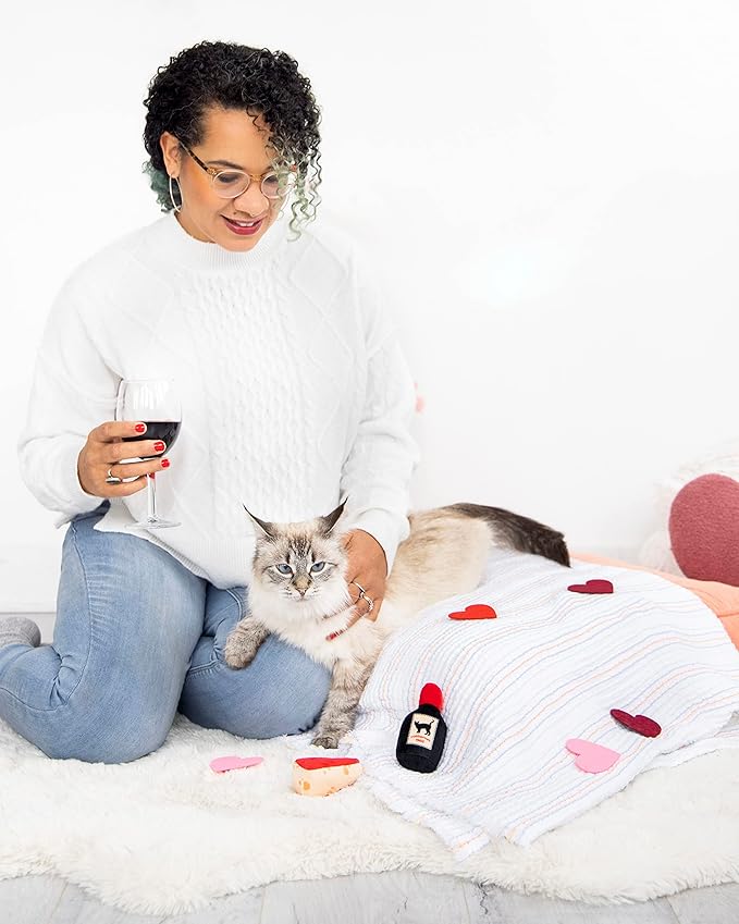 Pearhead Pet Cheese and Wine Plush Cat Toys, Set of 2, Valentine's Day Dog Toys, Wine and Cheese Catnip Toys, Crinkle Cat Toys, Cat Owner Valentine's Day Keepsake