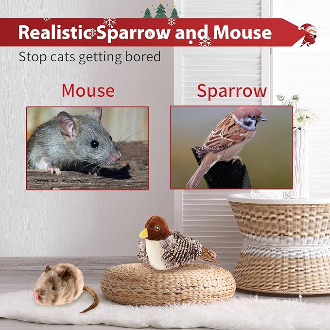 PETGEEK GiGwi Chirping Bird Cat Toys 2 Pcs - Melody Chaser Realistic Bird & Mouse Plush Toy - Hangable Design Best Gift for Birthday, Thanksgiving, Christmas, New Year (Bird Mouse Set)