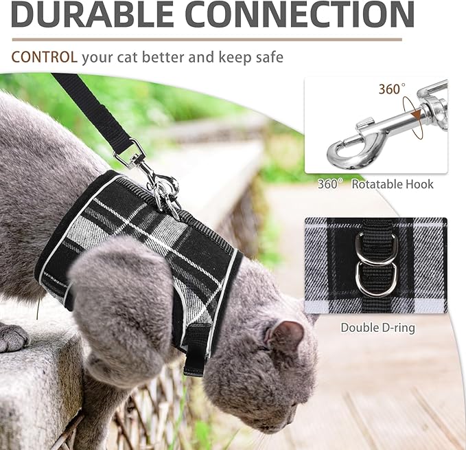 PUPTECK Soft Mesh Cat Vest Harness and Leash Set Puppy Padded Pet Harnesses Escape Proof for Cats Small Dogs Rabbits Bunny, Plaid Black, M