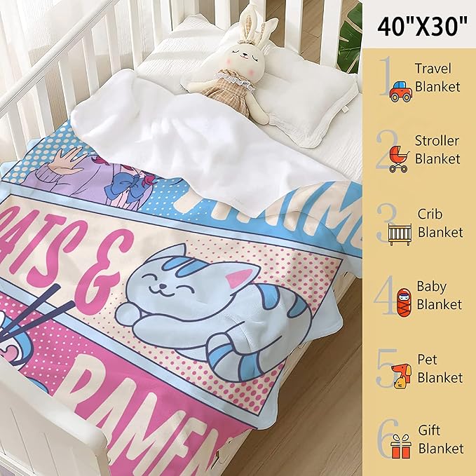 Just A Girl Anime Blanket - Kawaii Decor, Cats & Ramen, Luxurious & Cozy, 40X50 Inch, Kids/Child