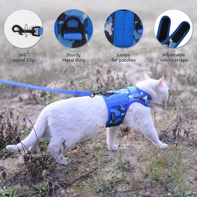 Tactical Cat Harness and Leash for Walking Escape Proof Breathable Mesh Fabric, Ocean Camo, Medium, Adjustable Cat Walking Jackets, Padded Stylish Cat Vest