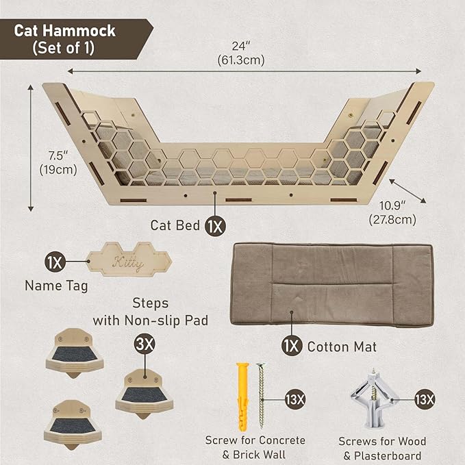 Cat Shelves Hammock for Wall Climbing and Cat Bed,Cat Wall Furniture Set with 3 Scratching Steps and Washable Bed Mat,Cat Shelf for Wall-23.7x10.7x7.5 inches