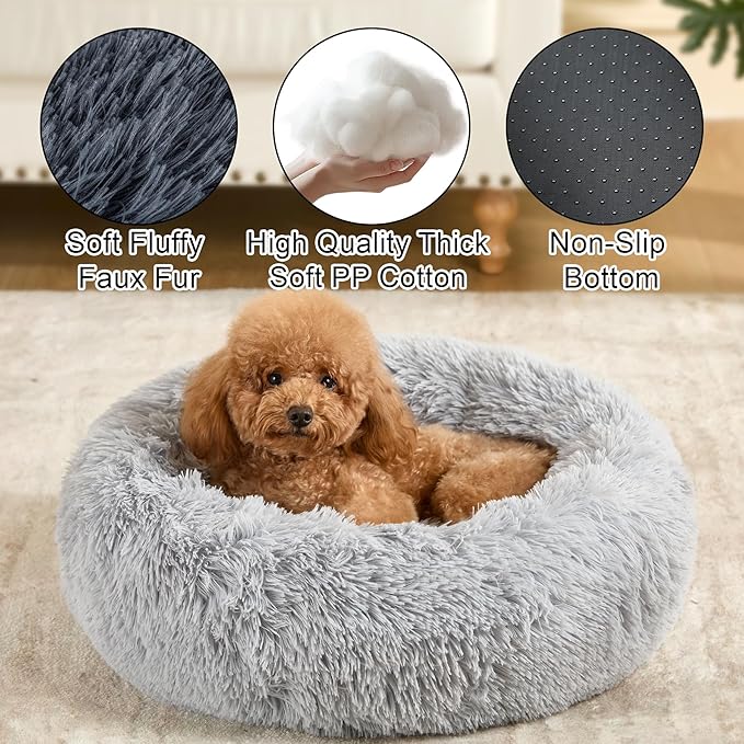 Dog Bed Calming Dog Beds for Small Medium Dogs - Round Donut Washable Dog Bed, Anti-Slip Faux Fur Fluffy Donut Cuddler Anxiety Cat Bed(Light Grey 16")