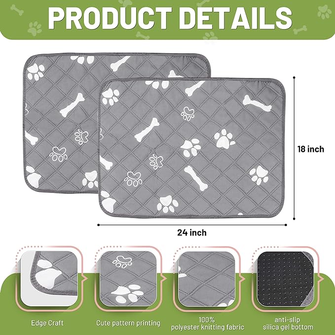 PatiencET Washable Pee Pads for Dogs, 18'' x 24" Reusable Puppy Pads with Super Absorbent for Pet Training, Housebreaking and Incontinence, 2 Pack Puppy Potty Pads with Waterproof Bottom
