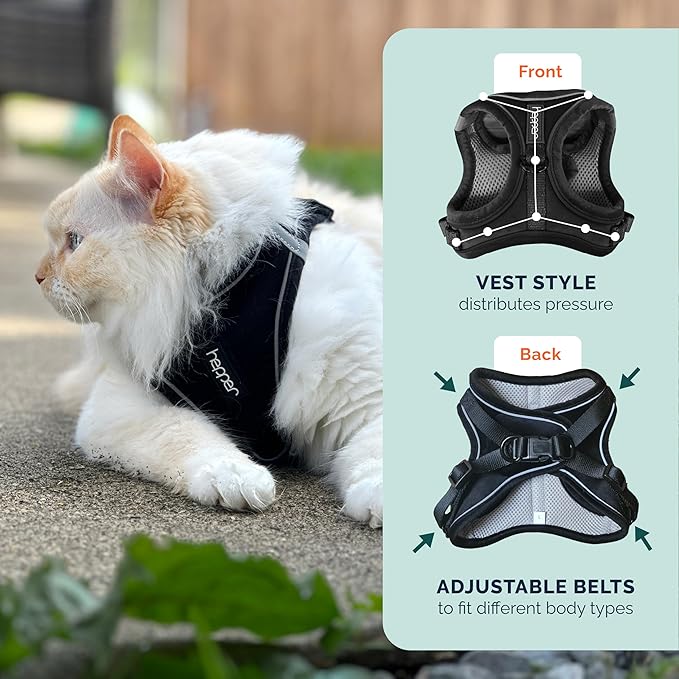 Hepper Cat Harness and Leash Escape Proof Set - Black Tactical Cat Harness with Reflective Safety Strips - Kitten or Cat Vest/Cat Jacket/Cat Walker (S)