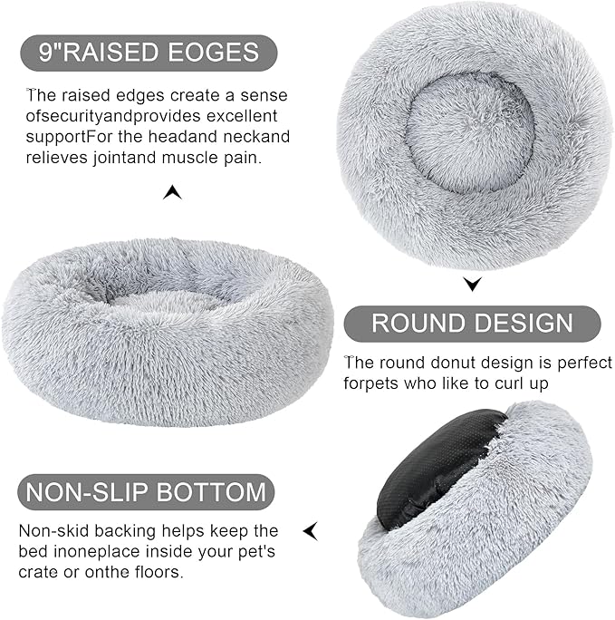Dog Bed Calming Dog Beds for Small Medium Dogs - Round Donut Washable Dog Bed, Anti-Slip Faux Fur Fluffy Donut Cuddler Anxiety Cat Bed(Light Grey 16")