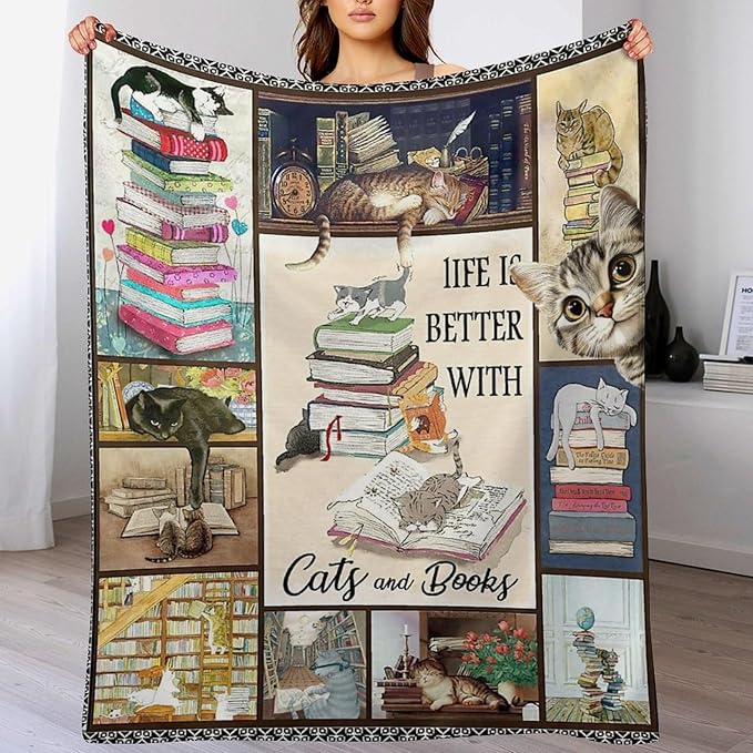 Read Blanket Cat Gifts for Reader Girls Boys Woman Kids Cat Lover Reading Book Throw Blankets Soft Blanket Warm Fleece Flannel Plush Blankets for Bed Sofa Couch 40"x50"