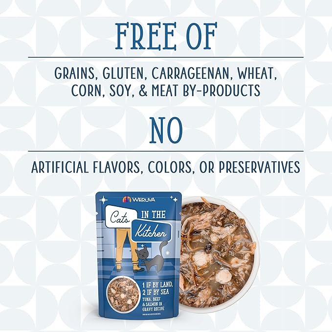 Weruva Cats in The Kitchen, 1 if by Land, 2 if by Sea with Tuna, Beef & Salmon in Gravy Cat Food, 3oz Pouch (Pack of 12)