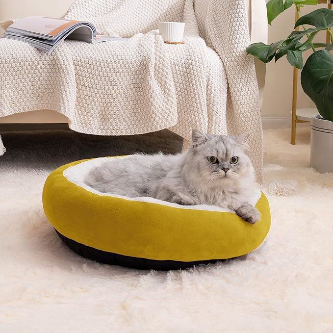 Love's cabin Yellow Round Donut Cat Bed, 20x20in, Soft Durable Fabric, Anti-Slip Water-Resistant, Washable Pet Bed