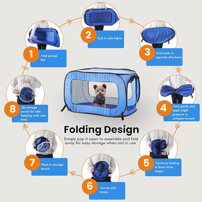 Beatrice Home Fashions Portable, Collapsible, Pop Up Kennel Travel Cat and Dog Crate, 24" L x 16.6" W x 16" H, Blue