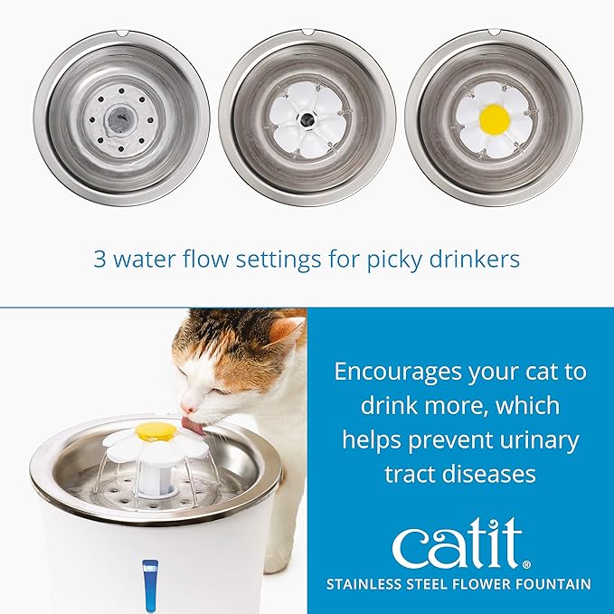 Catit Stainless Steel Flower Fountain with Triple Action Filter, Cat Drinking Water Fountain, 3 L