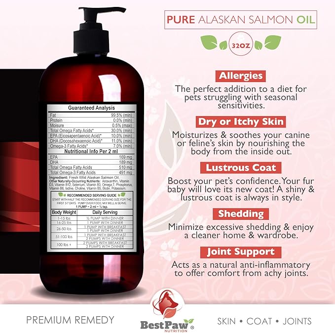 Pure Wild Alaskan Salmon Oil for Dogs & Cats Skin and Coat - Fish Oil Liquid with Pump - Supports Joint Function, Immune & Heart Health - Omega 3 Liquid Food Supplement - All Natural EPA + DHA - 32oz