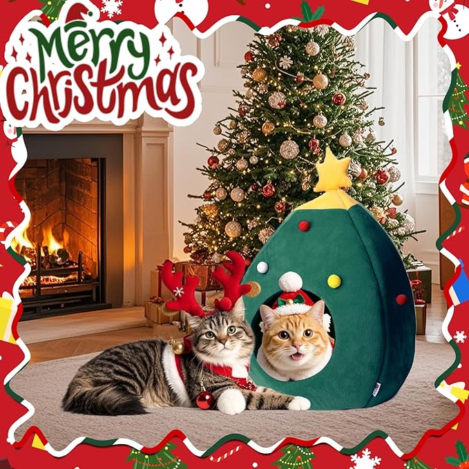 ShellKingdom Christmas Cat House, Cat Bed with Tree Shape for Christmas, Doggy House with Bed Cushion - Pet Indoor Pet Cat and Puppy Bed 17.71 x 15.74 inches (Green)