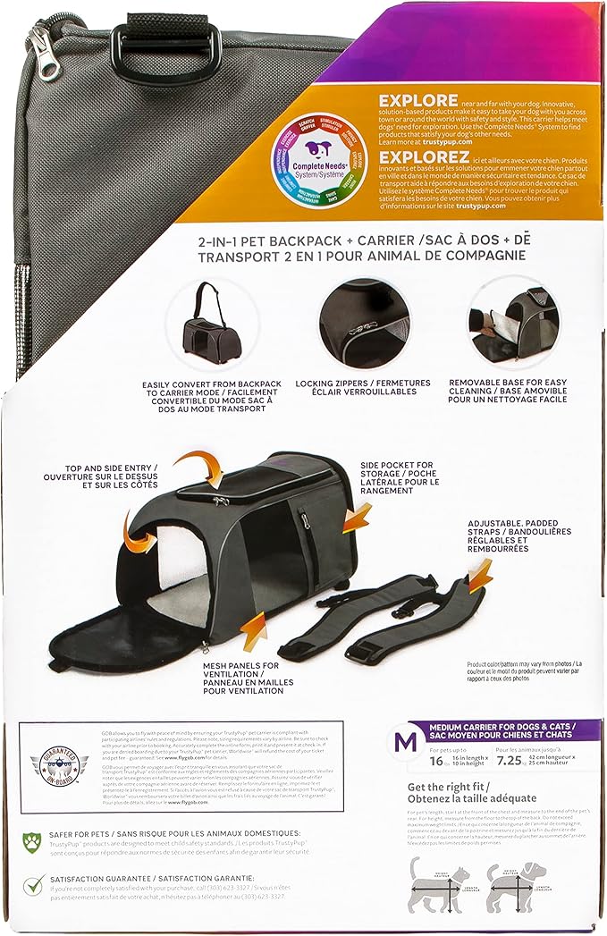 TrustyPup 2-in-1 Pet Backpack Travel Carrier, Airline Approved & Guaranteed On Board - Gray, Medium