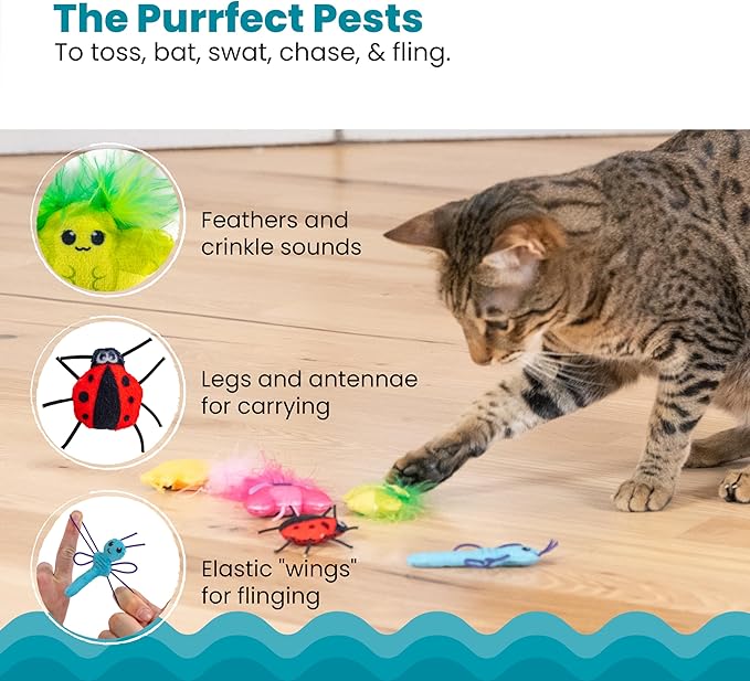 Catstages Cute As A Bug Plush Interactive Cat Toys, Bug Themed Kicker Catnip Toys with Feathers, Crinkle, Mesh, 6pk, Small, Multicolored