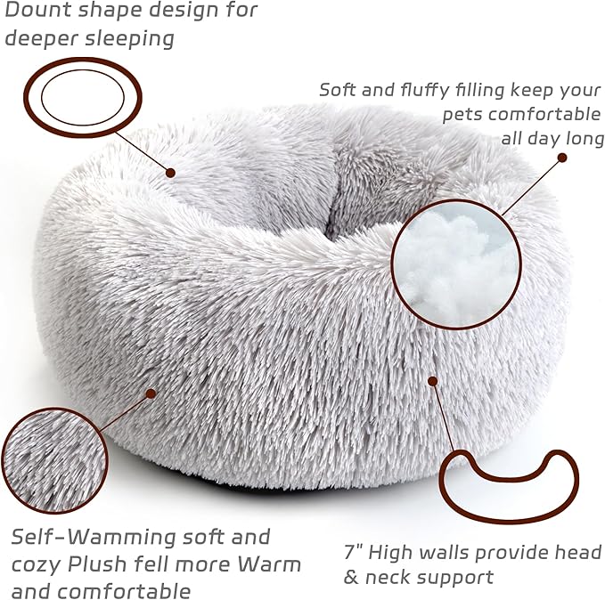 Calming Dog Bed for Cats and Small Dogs, Donut Washable Small Cat Bed for Indoor Cats and Dogs, Anti-Slip Round Fluffy Plush Faux Fur Pet Bed for Small Cats and Dogs (Grey, 15.7'')