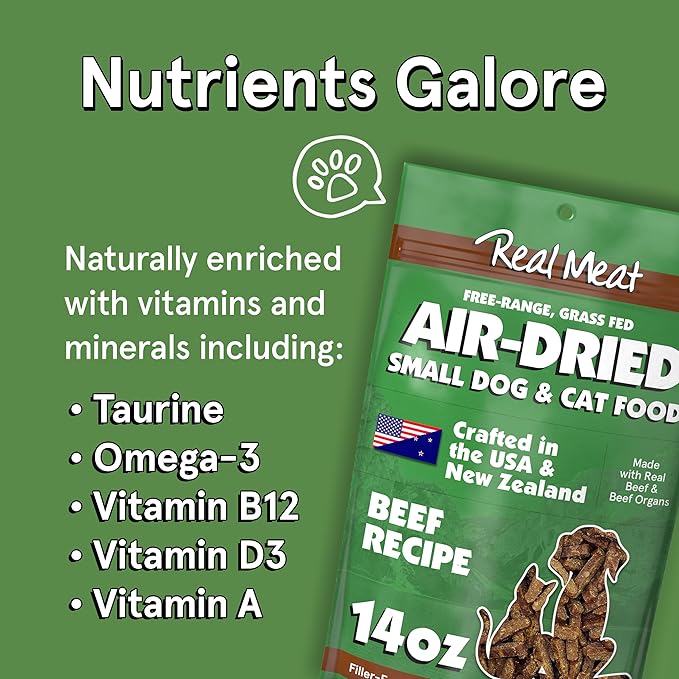 Real Meat Air Dried Cat Food & Dog Food w/ Real Beef - 1.75lbs of USA-Crafted Grain-Free Dry Dog & Cat Food Sourced from Hormone-Free, Free-Range, Grass-Fed Beef - All Natural, High Protein Pet Food