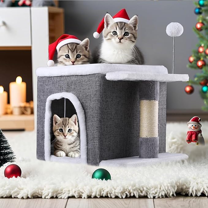 YITAHOME Cat Bed for Indoor Cats Cube House, Covered Cat House with Fluffy Ball Hanging and Nature Sisal Post,Cat Cave Bed Playhouse, Cute Cat Condo for Multi Small Pet Kitten, Grey