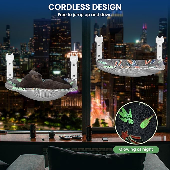 Cat Window Perch, Glow in The Dark Foldable Cat Hammock with Sunken Design & Removable Soft Cover, Breathable Cordless Window Bed for Resting Indoor Kitten (Grey, 1 Pack)