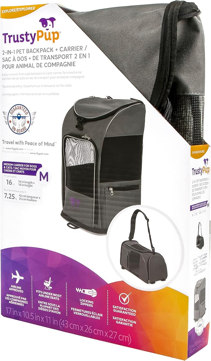 TrustyPup 2-in-1 Pet Backpack Travel Carrier, Airline Approved & Guaranteed On Board - Gray, Medium