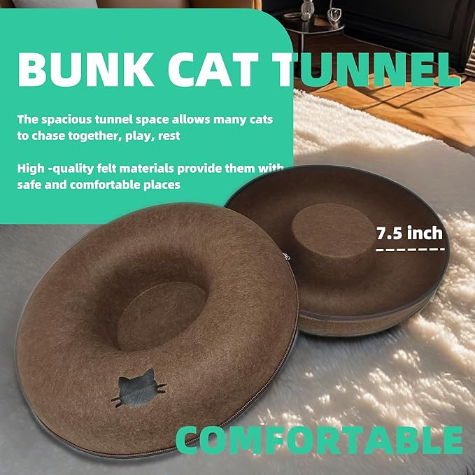 Donut Cat Tunnel Bed Peekaboo Cat Cave for Large Cats Up to 30 Lbs, Kitty Interactive Playing Tent House for Multiple Cats,Detachable,Scratch Resistant (Brown, Medium - 20 Inch Diameter)