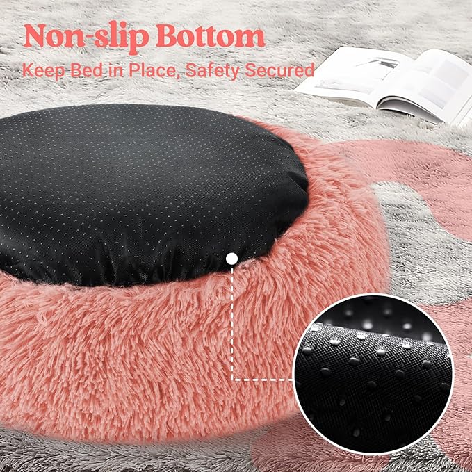 rabbitgoo Dog Bed for Small Dogs, 24 inches Washable Small Dog Bed, Fluffy Donut Dog Bed Anti-Slip, Calming Soft Plush Round Pet Bed for Dogs, Fits up to 18 lbs Pets, Pink