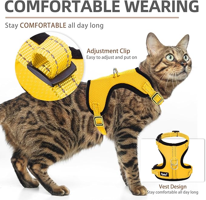 PUPTECK Cat Harness and Leash Set Escape Proof, Reflective Adjustable Soft Mesh Kitten Vest Harness for Walking Travel, Yellow, M