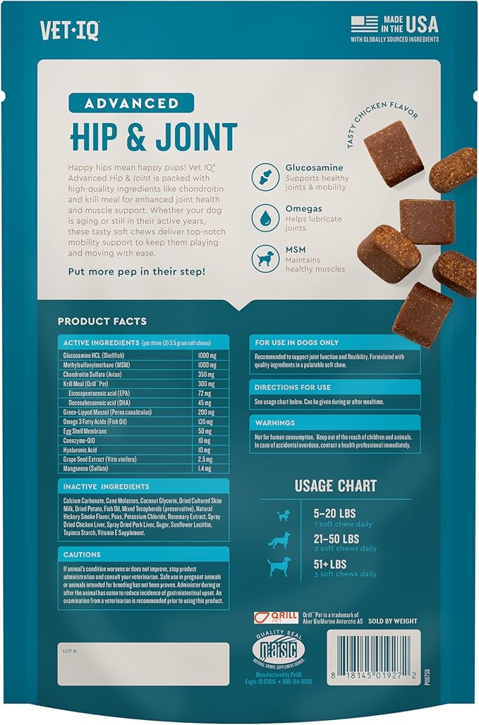 VetIQ Advanced Hip & Joint Chews For Dogs, 60 Count, Chicken Flavored Supplements Made with Glucosamine, Omega 3’s, Chondroitin, MSM, and Green Lipped Mussel, Increases Mobility and Maintains Muscles