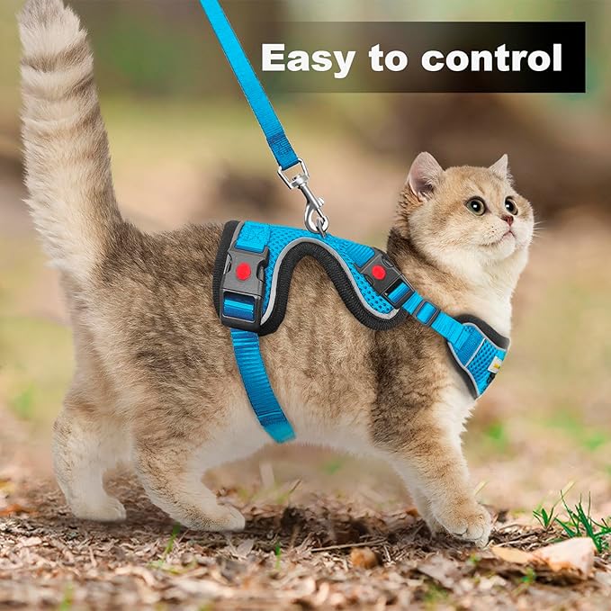Cat Harness and Leash for Walking, Retractable Cat Harnesses and Leash Set Escape Proof, Breathable Soft Kitten Harness Small Large Cat Harness for Travel Training and Walking, Blue, XXS