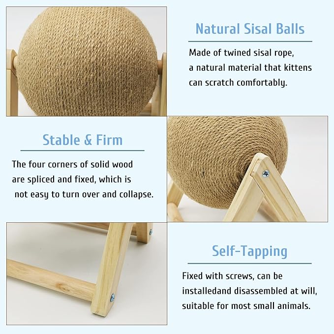 Fhiny Rabbit Scratch Toy, Natural Solid Wood Sisal Scratching Ball for Indoor Kittens, Claws Scratching Ball for Kitten Bunny Guinea Pig Chinchilla Ferret or Other Small Animals (Small)