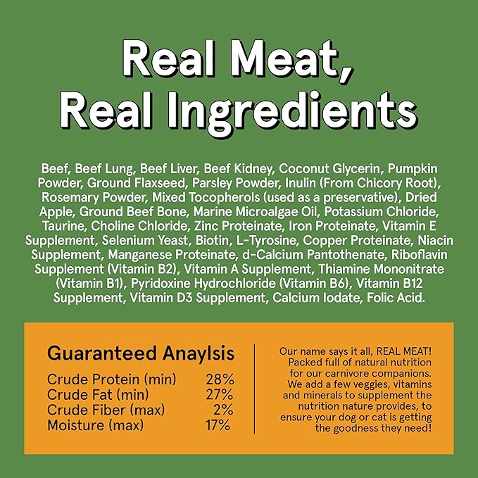 Real Meat Air Dried Cat Food & Dog Food w/Real Beef - 5oz of USA-Crafted Grain-Free Dry Dog & Cat Food Sourced from Hormone-Free, Free-Range, Grass-Fed Beef - All Natural, High Protein Pet Food