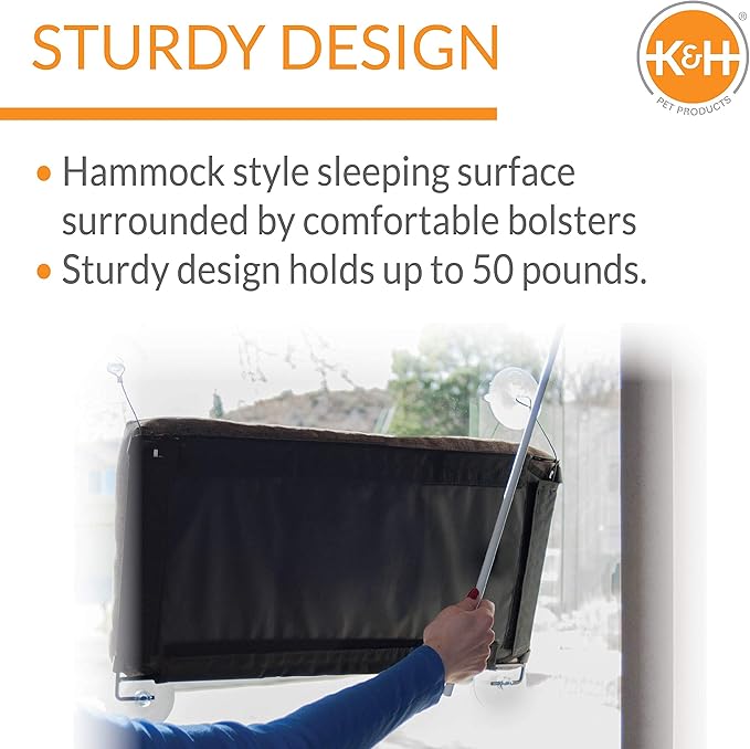 K&H Pet Products Deluxe EZ Mount Kitty Sill Window Sill Cat Bed, Cat Window Hammock Seat, Sturdy Indoor Cat Window Perch, Essential Cat Hammock Style Shelf - With Bolster Chocolate